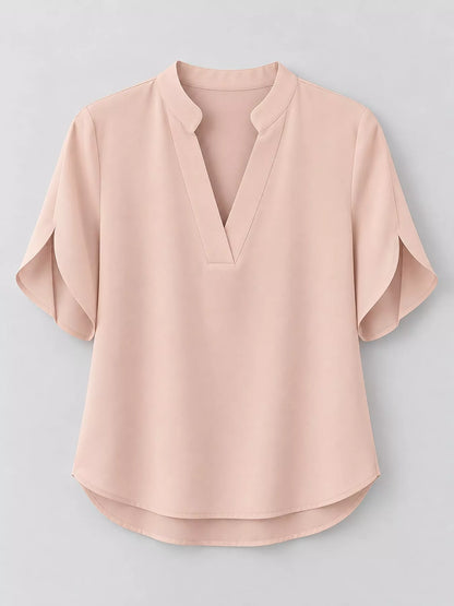 Notched Slit Short Sleeve Blouse