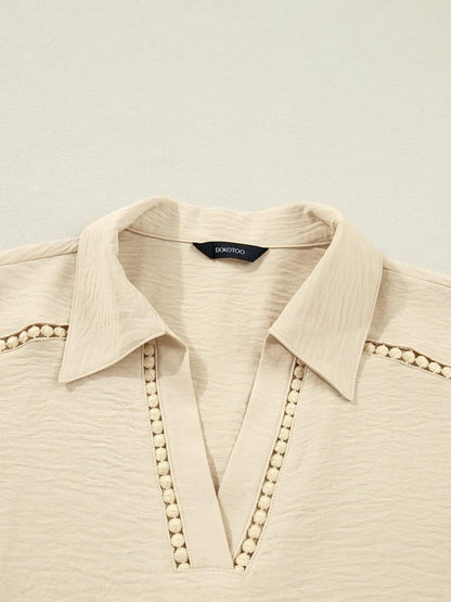 Johnny Collar Roll-Up Sleeve Blouse