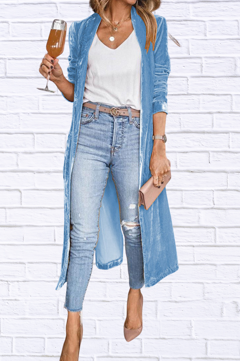 Open Front Long Sleeve Longline Cardigan Light Blue