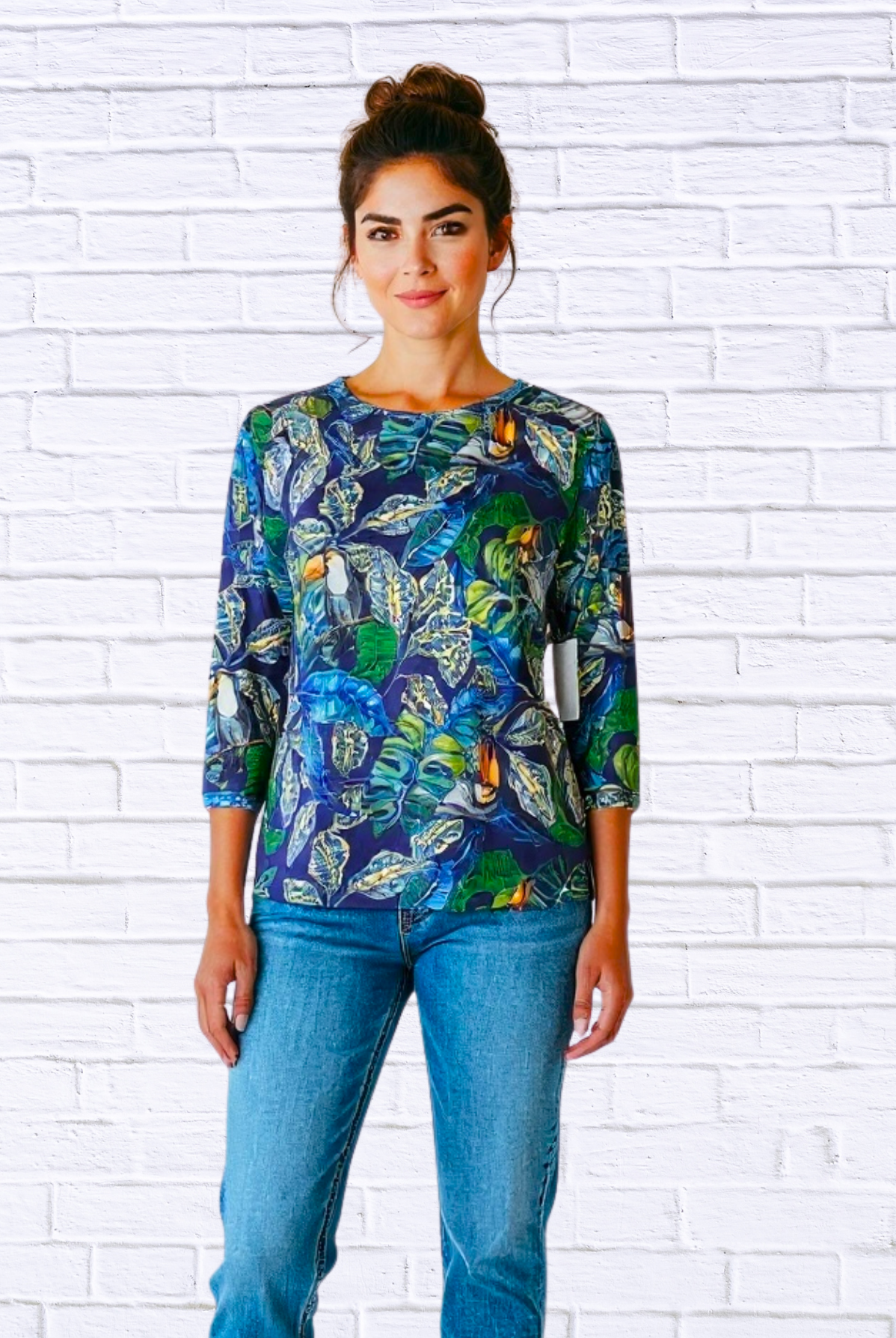 Tropical Toucan Print Long Sleeve Top – Soft Knit Round Neck Casual Statement Blouse Floral 40