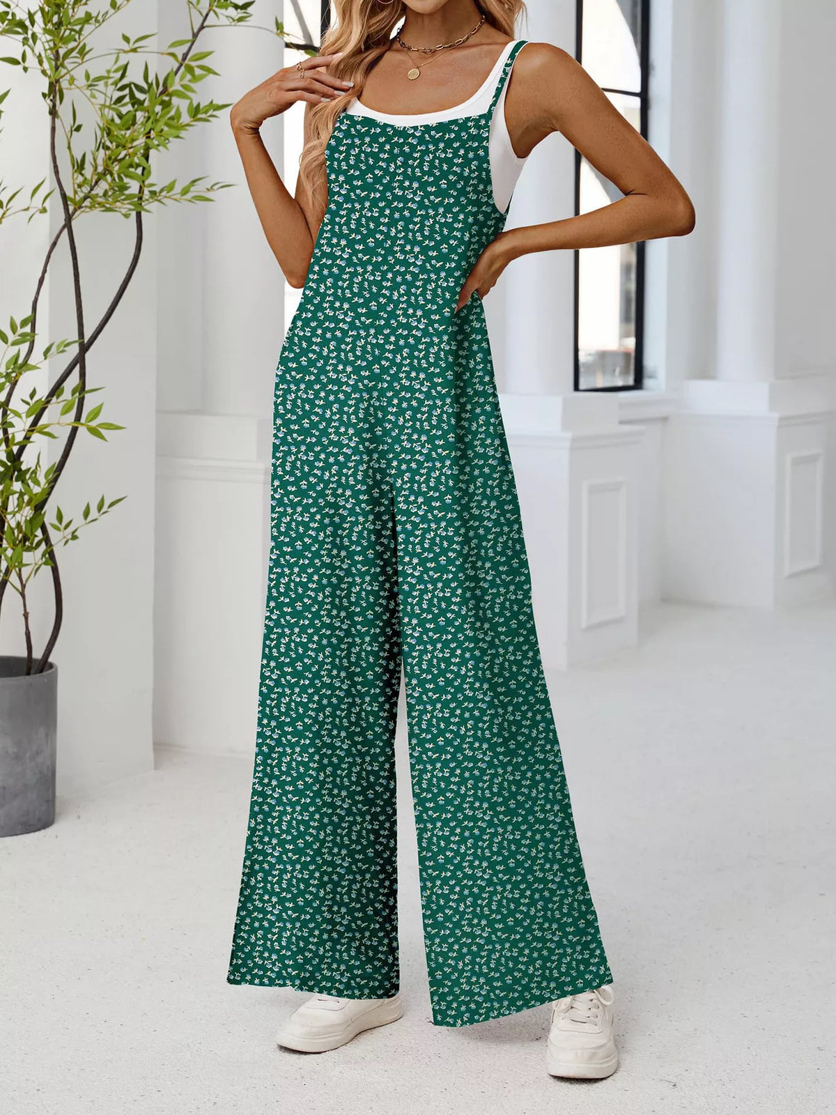 Full Size Floral Print Wide Leg Casual Jumpsuit Plus Size