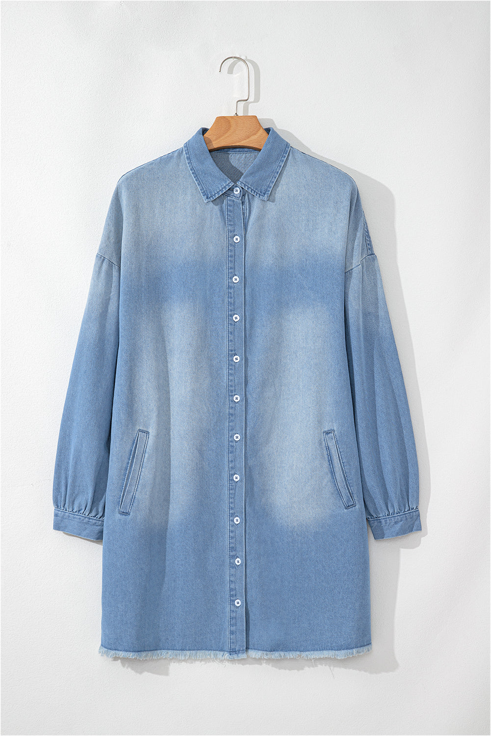 Beau Blue Washed Raw Hem Denim Shirt Dress