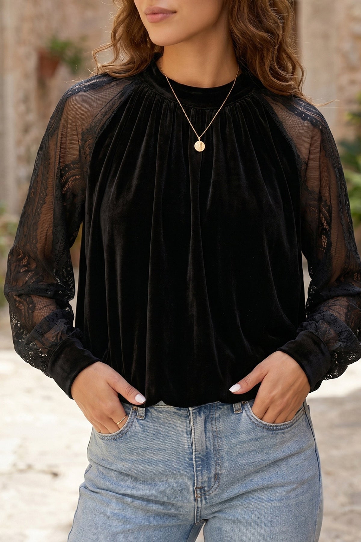Color Black Solid Color Sheer Lace Long Sleeve Patchwork Stand Neck Velvet Blouse