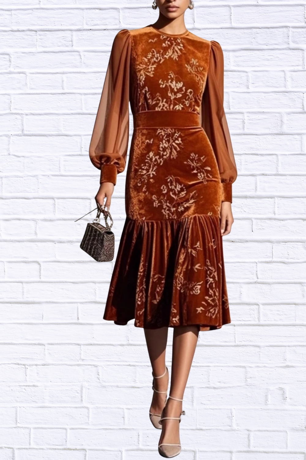Velvet Floral Lantern Sleeve Midi Dress