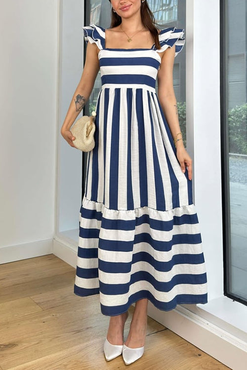 Square Neck Ruffle Sleeves Striped Maxi Dress Blue