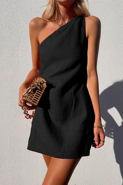 One Shoulder Solid Cotton Linen Mini Dress Black