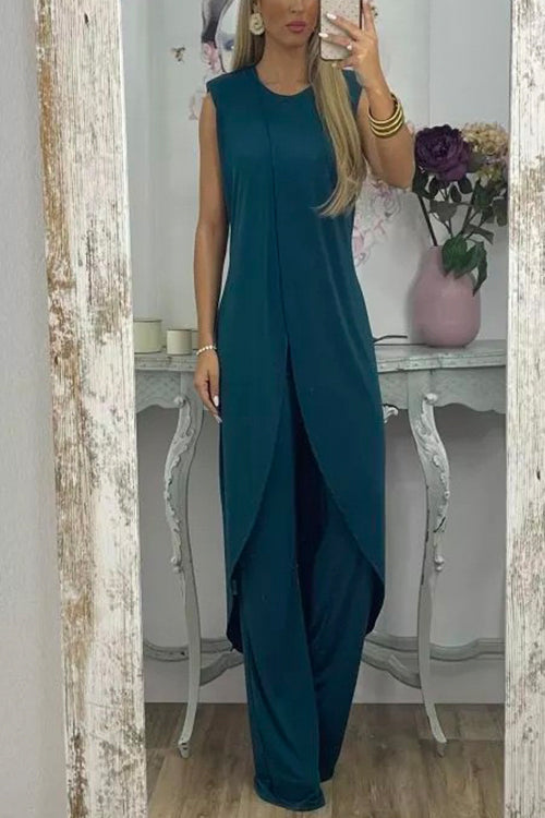 Chic Tulip Hem Sleeveless Long Top Wide Leg Pants Set DarkGreen
