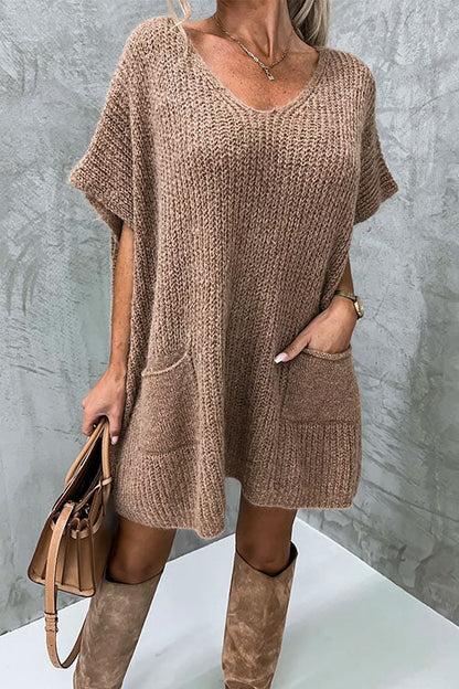 Oversized V Neck Short Sleeves Pocketed Poncho Sweater