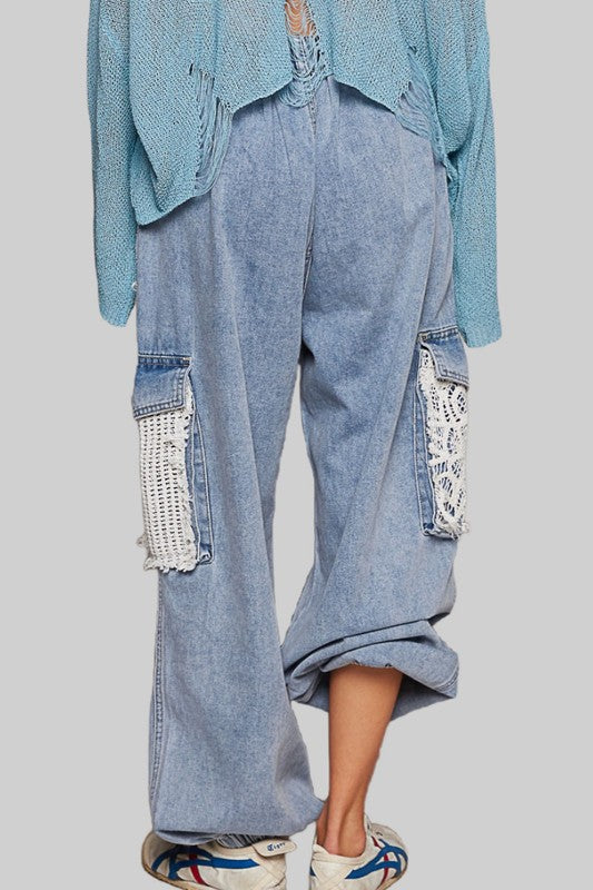 Pol Crochet Patch Distressed Washed Jeans