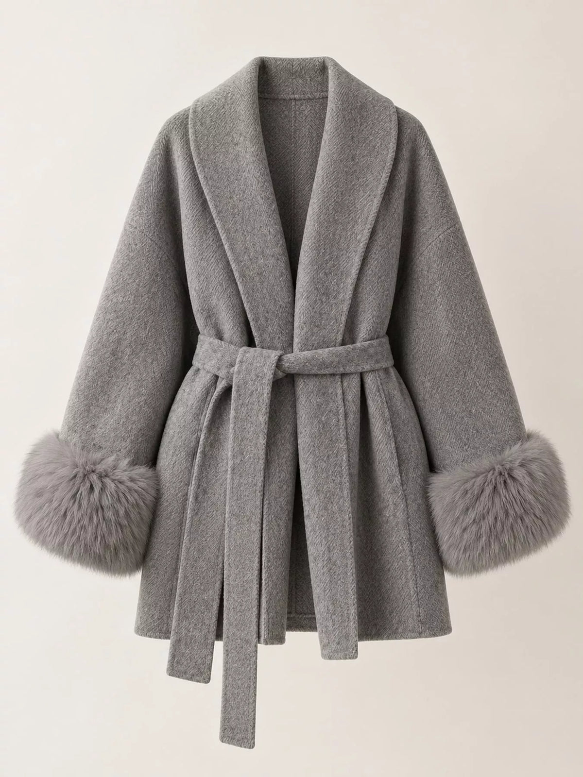 Waist Tie Outerwear with Faux Fur Cuffs