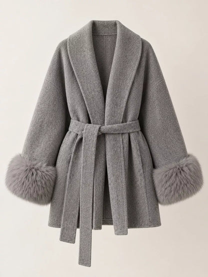 Waist Tie Outerwear with Faux Fur Cuffs
