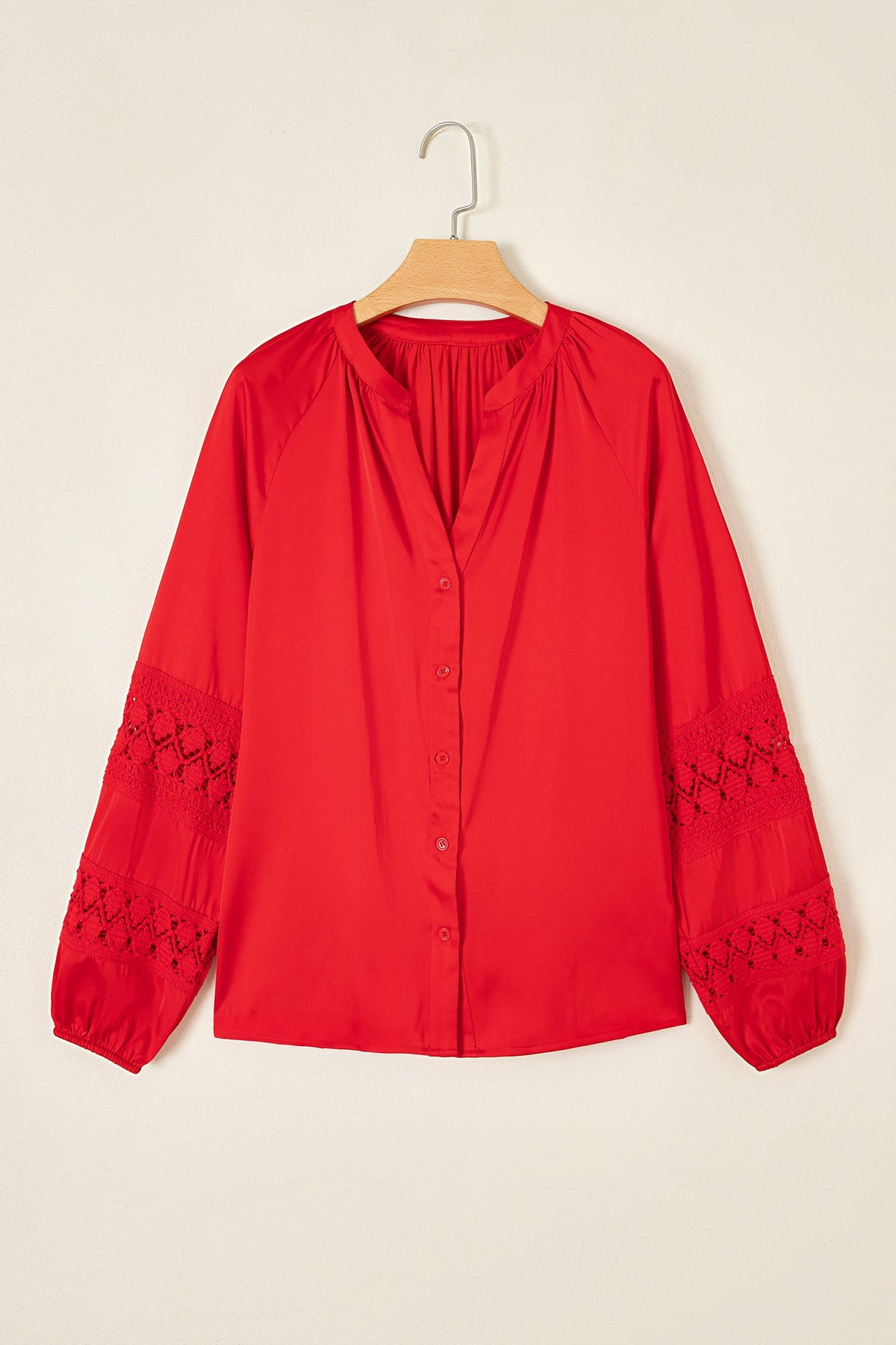 Fiery Red Patchwork Lace Long Sleeve V Neck Button Front Shirt
