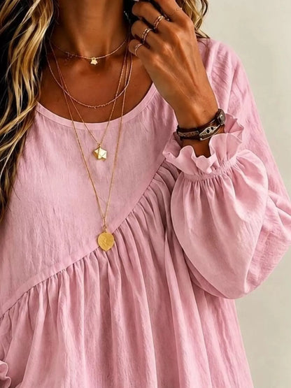 Long Sleeve Blouse with Asymmetric Pleated Detail