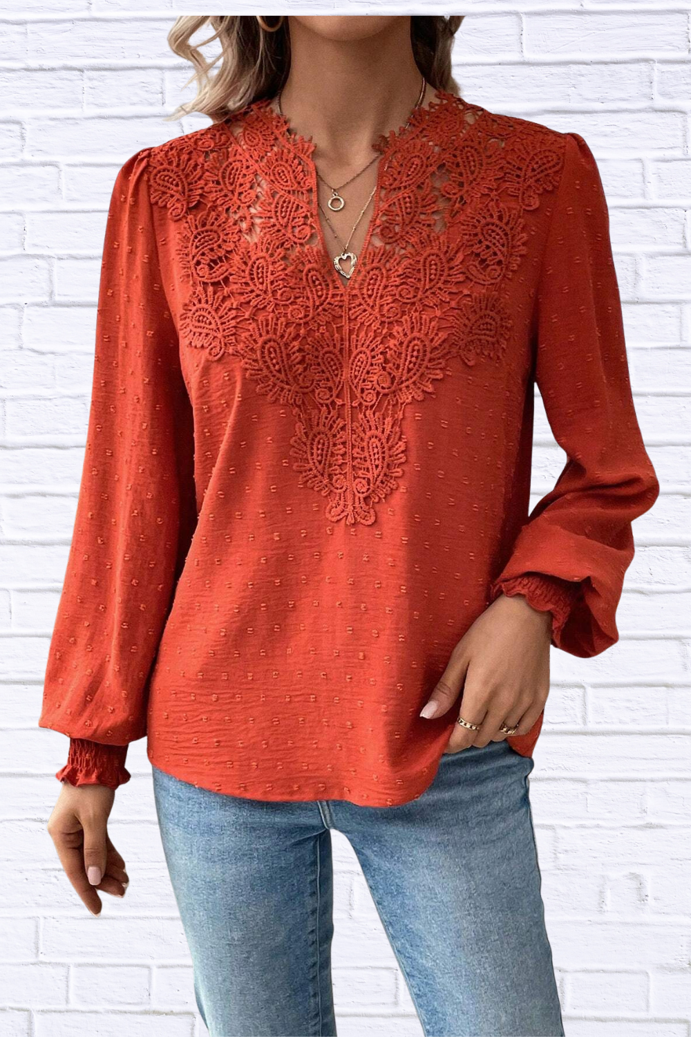 Swiss Dot Lace Detail Long Sleeve Blouse Deep Red M