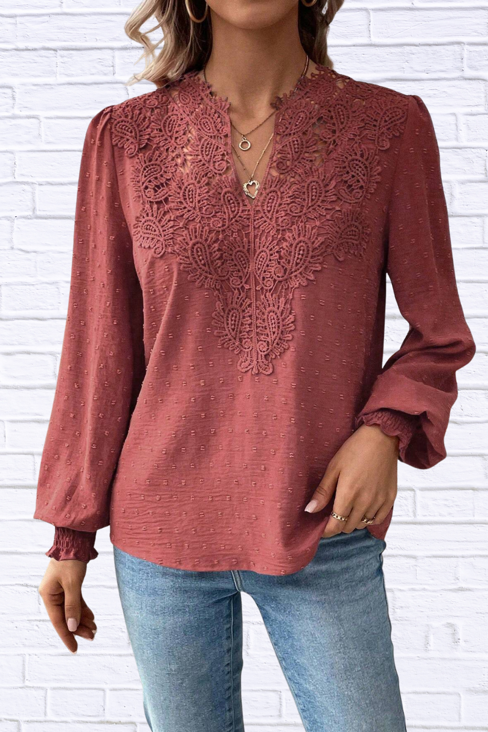 Swiss Dot Lace Detail Long Sleeve Blouse Rust L
