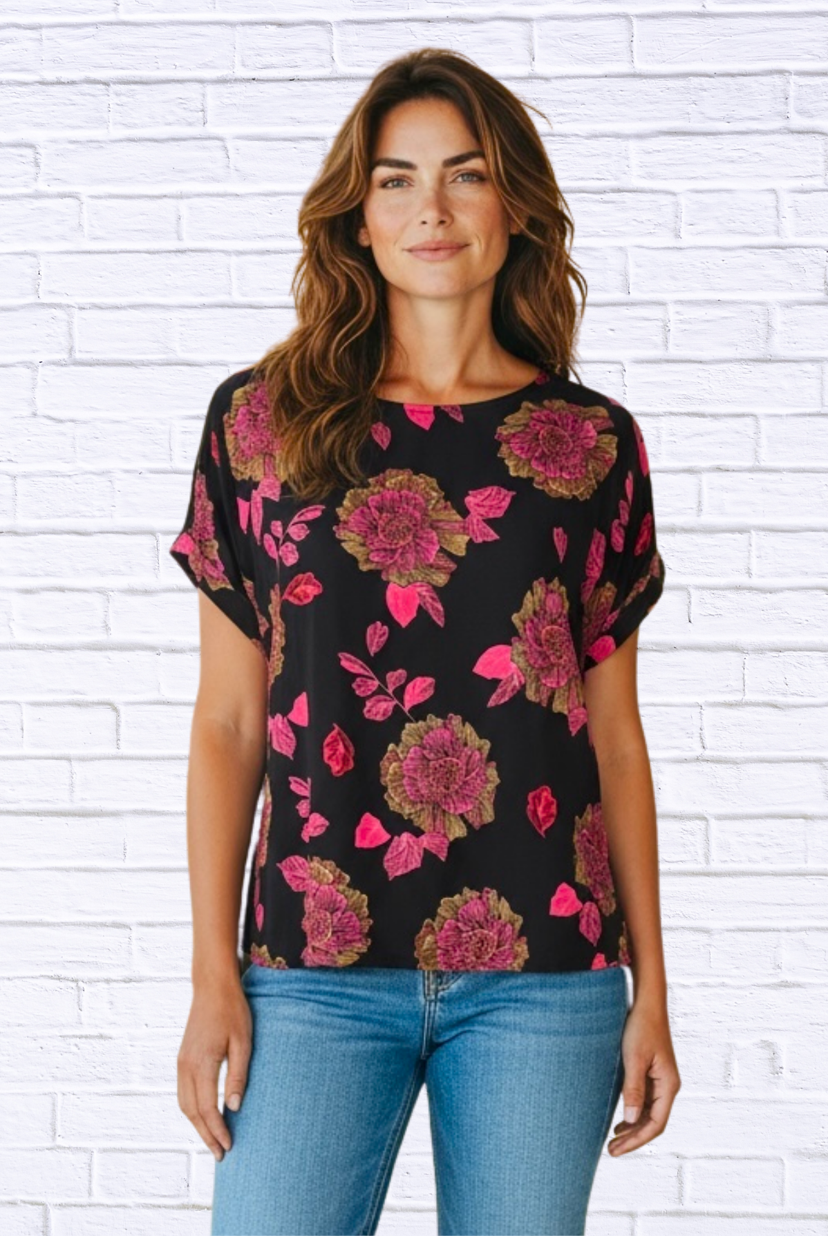 🌸 Black & Pink Floral Print Short Sleeve Blouse Black and Pink Large
