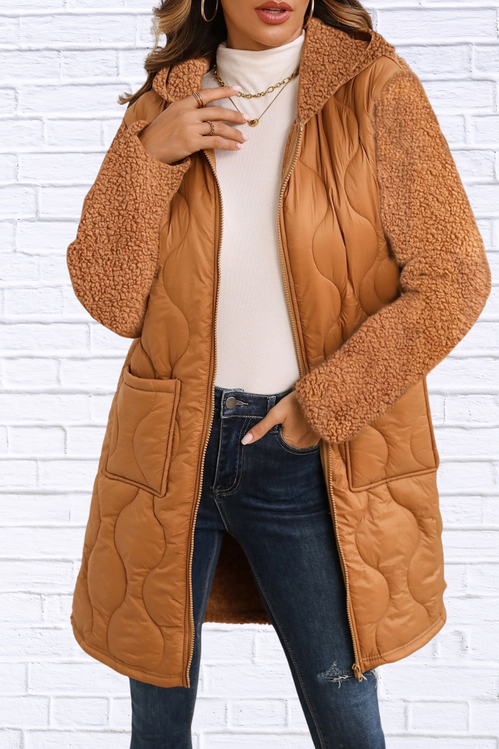Zip Up Long Sleeve Hooded Outerwear Camel