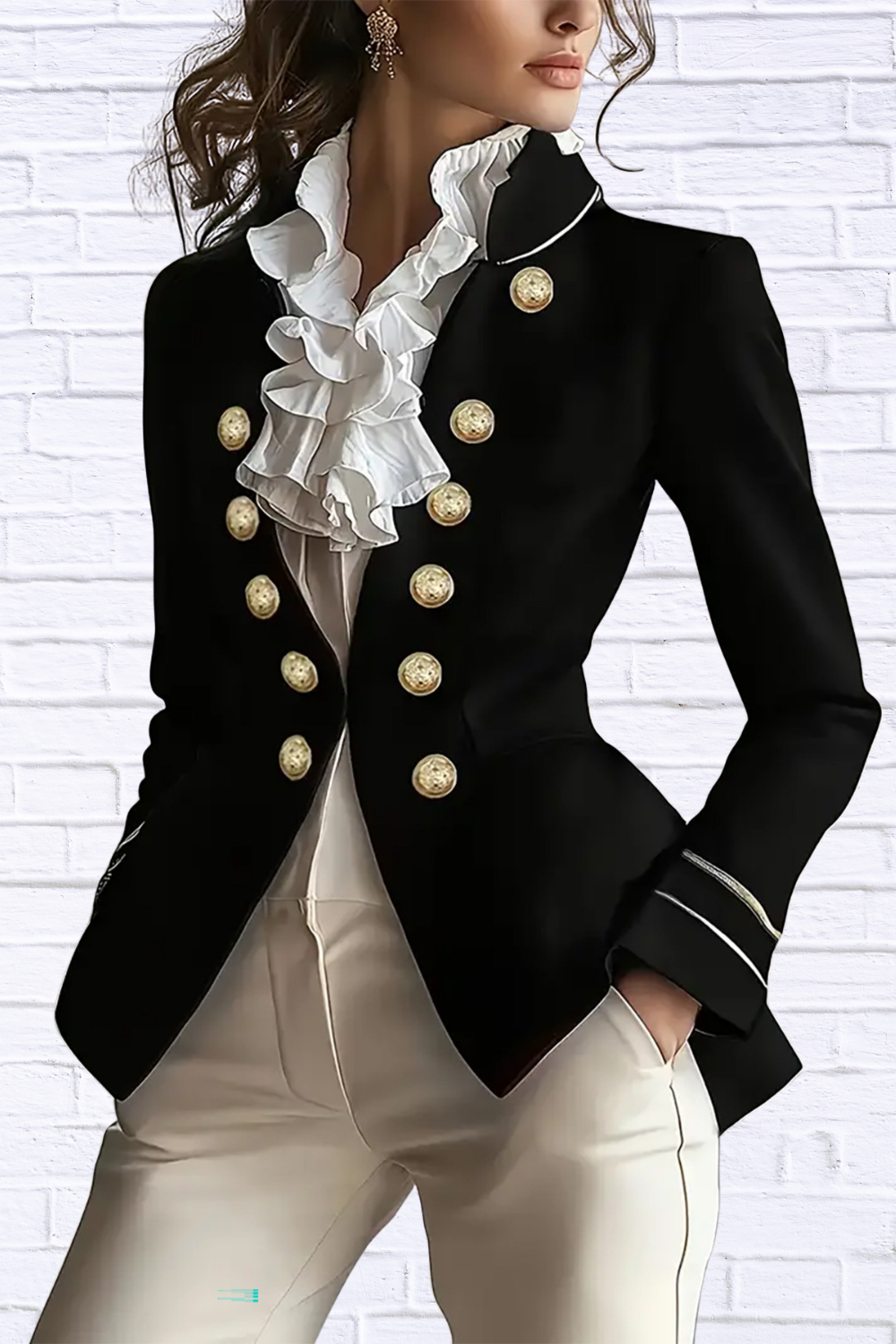 Decorative Button Hight-Low Blazer with Cuff Trim Black
