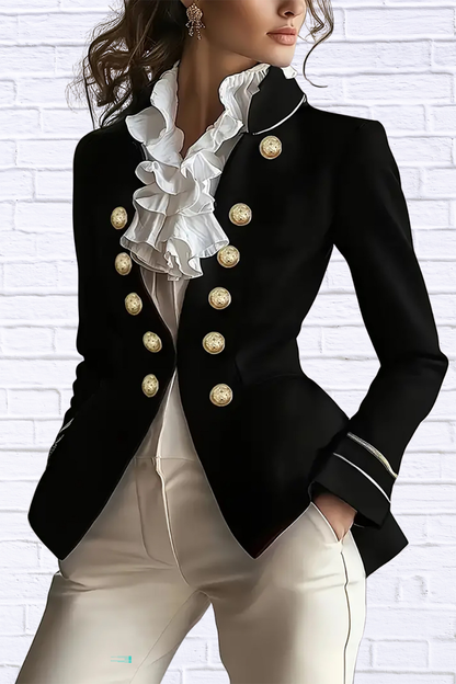 Decorative Button Hight-Low Blazer with Cuff Trim Black
