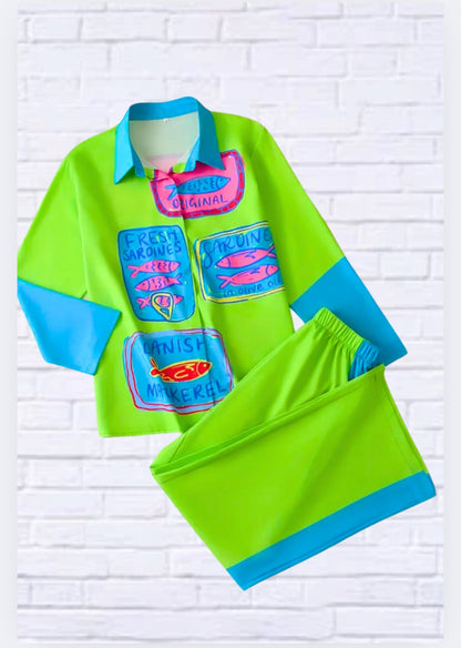 Fun, Bold, Eye-Catching Long Sleeved Elastic Waist Pants Set – Lime Green and Turquoise