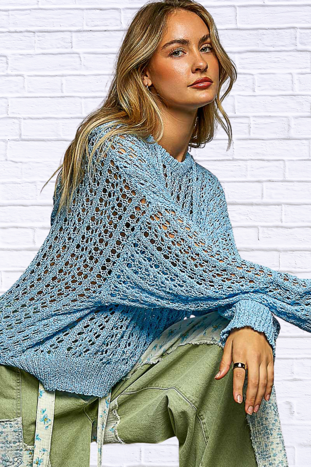 POL Openwork Round Neck High Low Knit Top