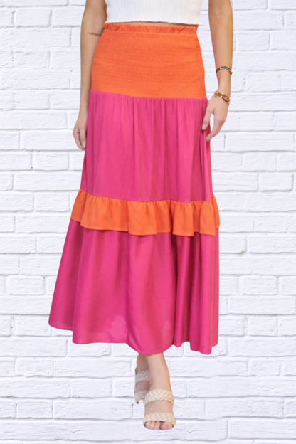 Hot Pink and Orange ColourBlock Smocked Ruffle Maxi Skirt