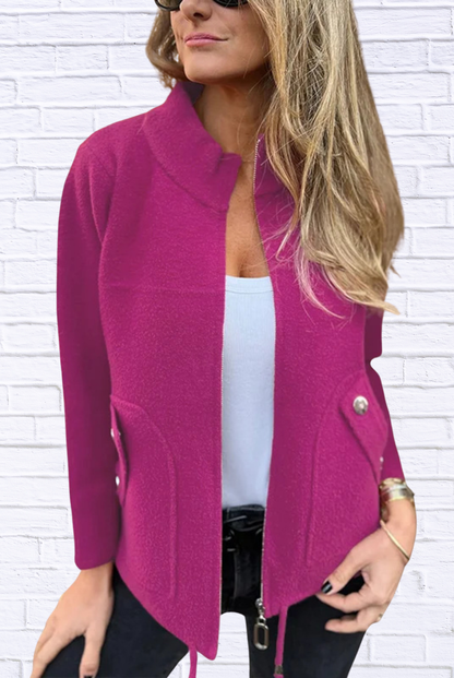 Full Size Textured Knit Zip Up Outerwear Plus Size Rose Red