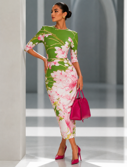 Green Floral Midi Dress for Women | Elegant Occasion Dress