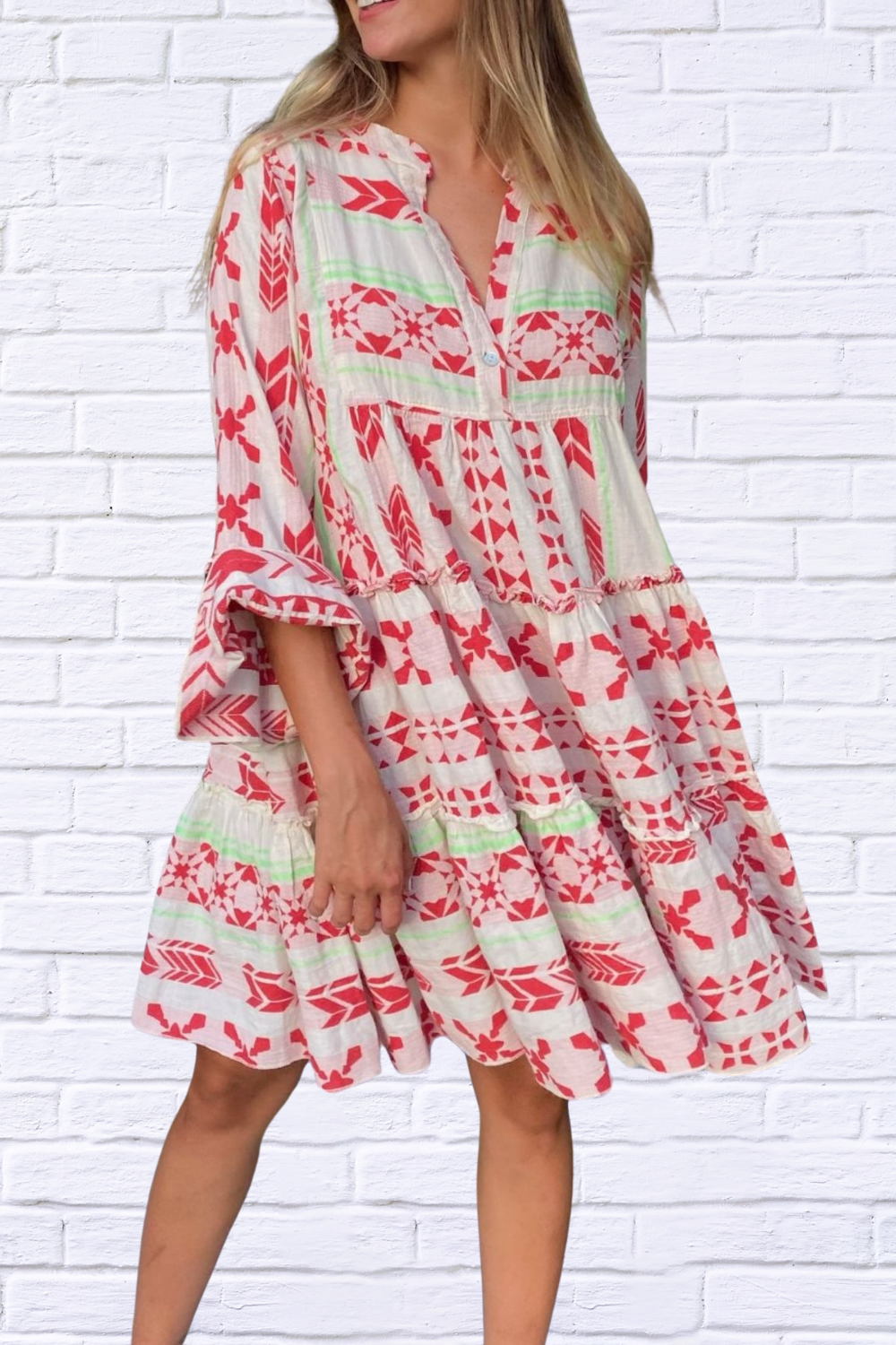 Printed Tierred Babydoll Dress Red