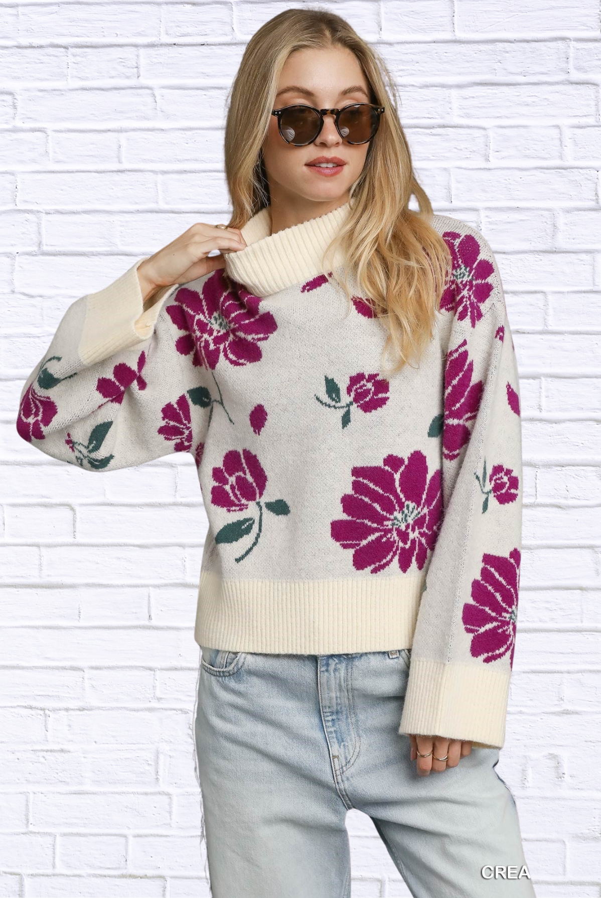 Umgee Floral Patterned Mock Neck Sweater CREAM MIX