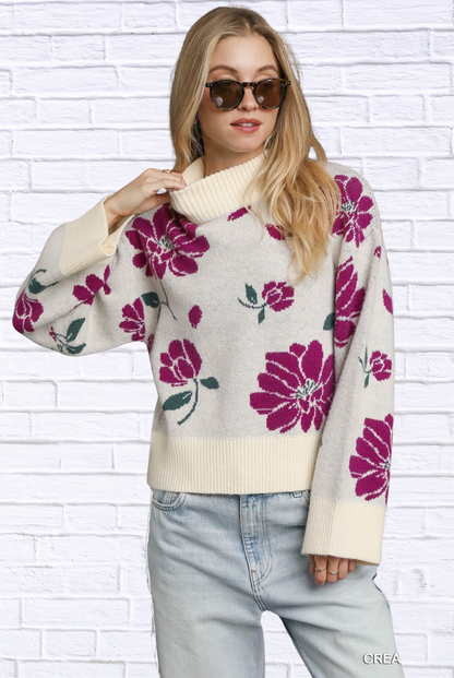 Umgee Floral Patterned Mock Neck Sweater CREAM MIX
