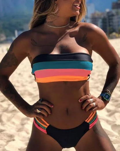 Clidress Neon Rainbow Stripes Two Piece Bikini Set