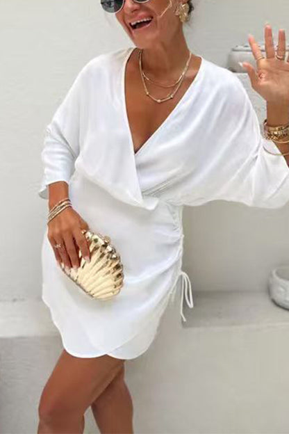 Wrap V Neck Side Drawstring Satin Mini Dress