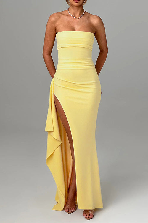Strapless Tube Draped Slit Maxi Party Dress