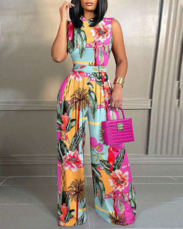 Clidress Mock Neck Ice Feel Printed Jumpsuit