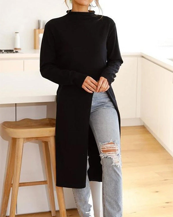 Clidress Mock Neck Side Knit Split Long Sweater
