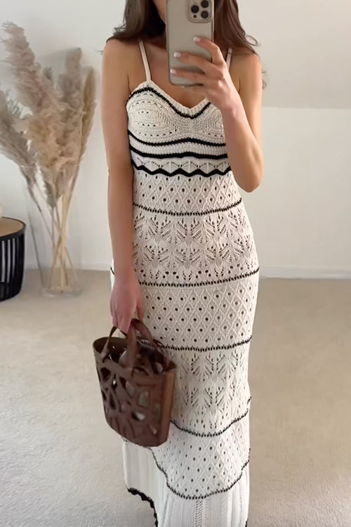 V Neck Crochet Hollow Out Color Block Knitting Maxi Cami Dress