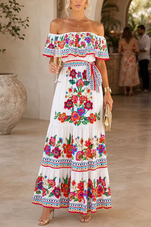 Off Shoulder Floral Print Ruffle Maxi Dress