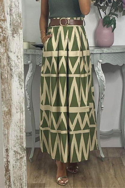Pocketed Geometric Printed A-line Maxi Swing Skirt Green
