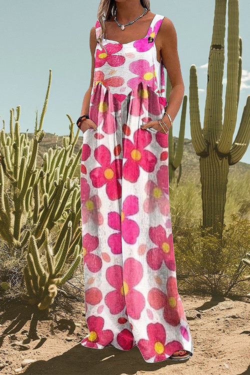 Floral Print Wide Leg Loose Overalls Pink