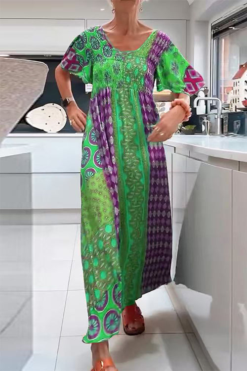 Round Neck Short Sleeves Printed Maxi Dress
