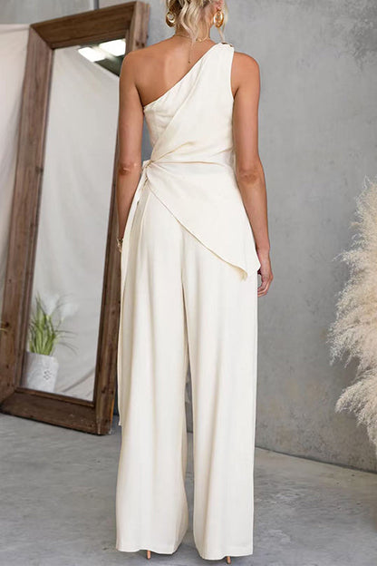 One Shoulder Irregular Hem Top High Rise Pocketed Wide Leg Pants Set