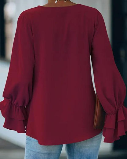 Clidress V Neck Scollop Sleeve Satin Top