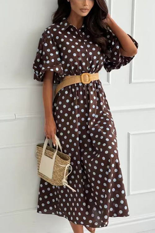 Collared Short Sleeves Button Up Polka Dot Midi Dress