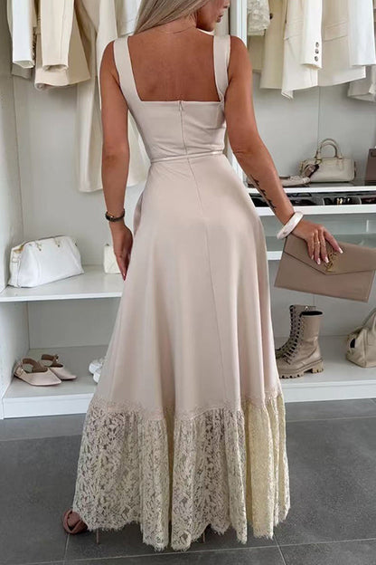 Square Neck Sleeveless Lace Splice Maxi Dress