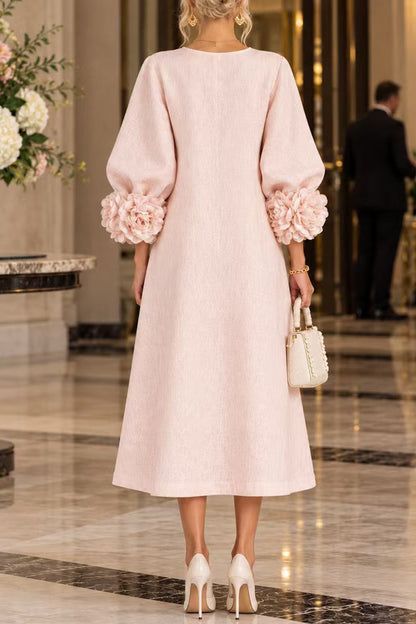 Floral Applique Puff Sleeve A-Line Midi Dress