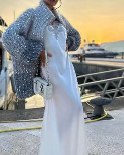 Clidress Sequined Knitting Jacket Sweater