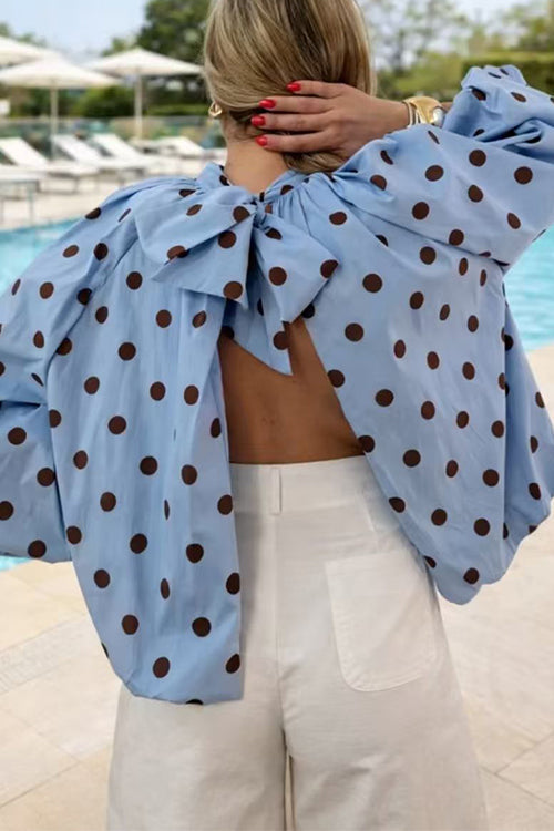 Lantern Long Sleeves Bow Back Slit Polka Dot Top