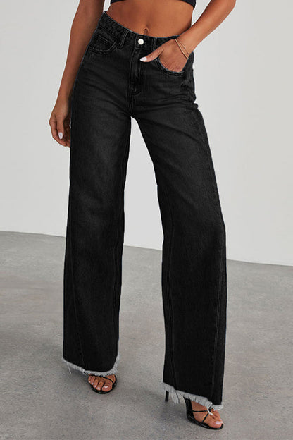 Raw Hem Distressed Wide Leg Denim Pants
