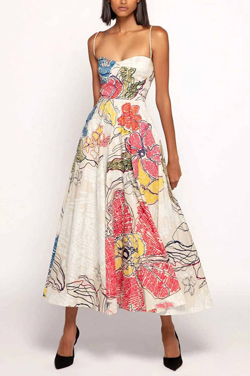 Spaghetti Strap Sweetheart Neck Abstract Floral Print Midi Dress